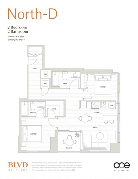 Floor plan for 2 beds, 2 baths, 905 sqft
